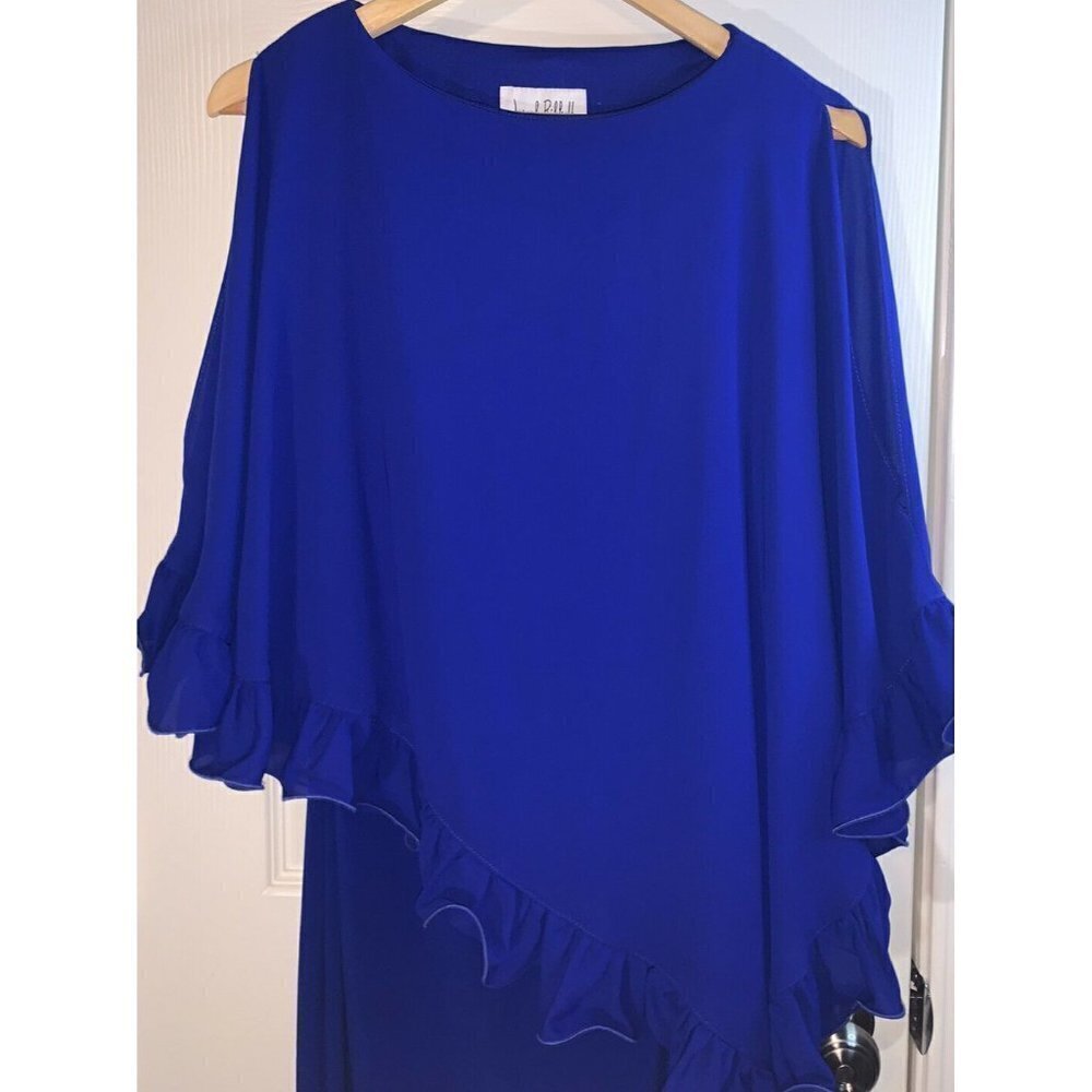 Joseph Ribkoff Sapphire Blue Ruffled Trim Draped Overlay Formal Dress Size 2 - Picture 3 of 7